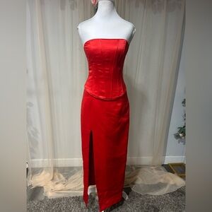 Jessica McClintock 2 Piece Strapless Scarlet Top and Skirt with front slit